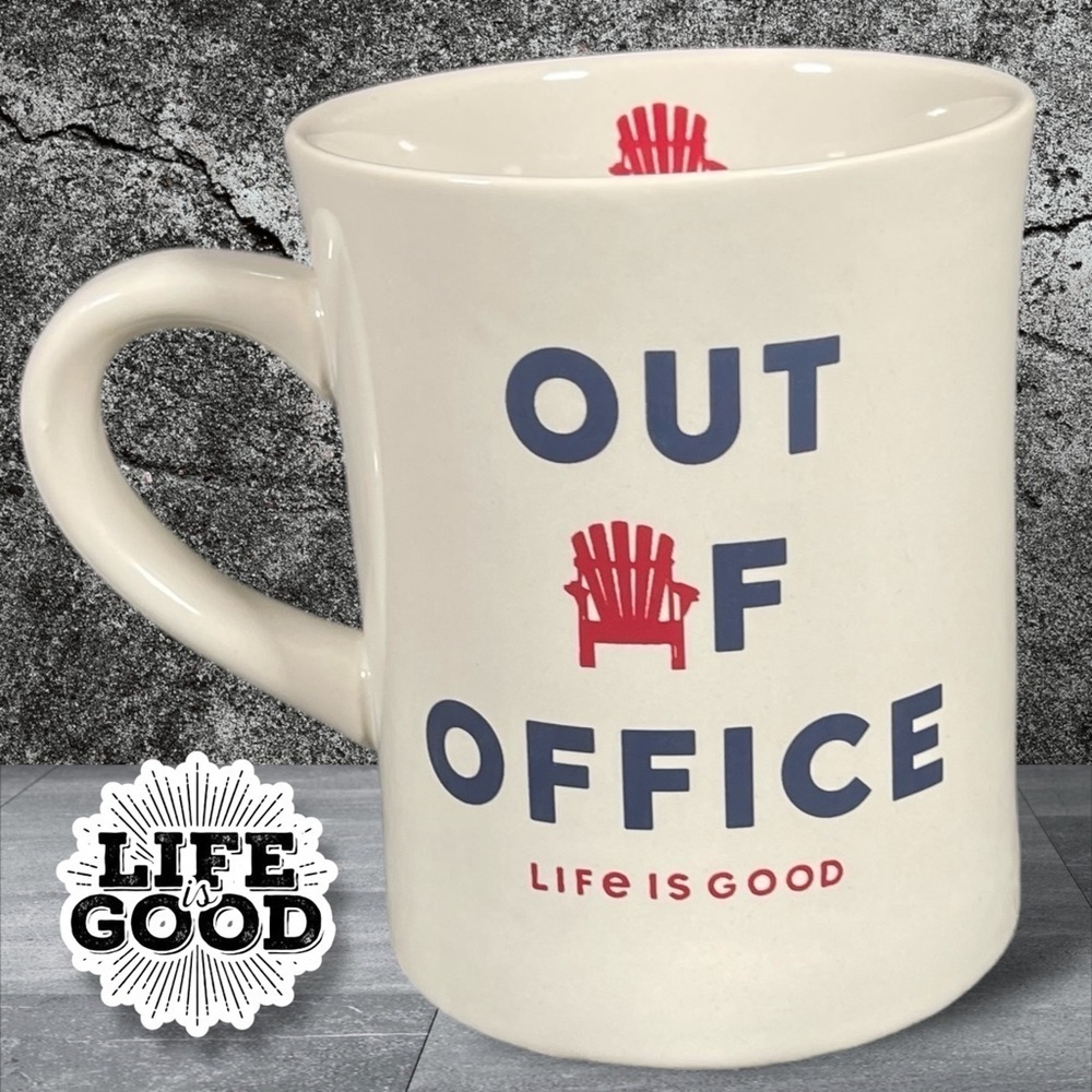 Life is Good Adirondack Out of Office Beach Vacation Diner Mug Red White & Blue